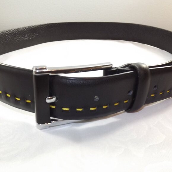 Prince Password Vintage Faux Leather Belt with Golden Yellow Topstitching - Picture 1 of 7